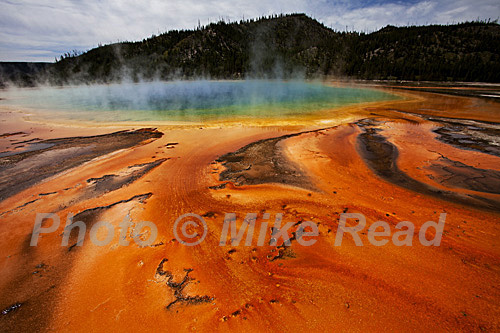 Grand Prismatic Spring with orange and red bacteria colouring the foreground Midway Geyser Basin Yellowstone National Park Wyoming USA June 2015